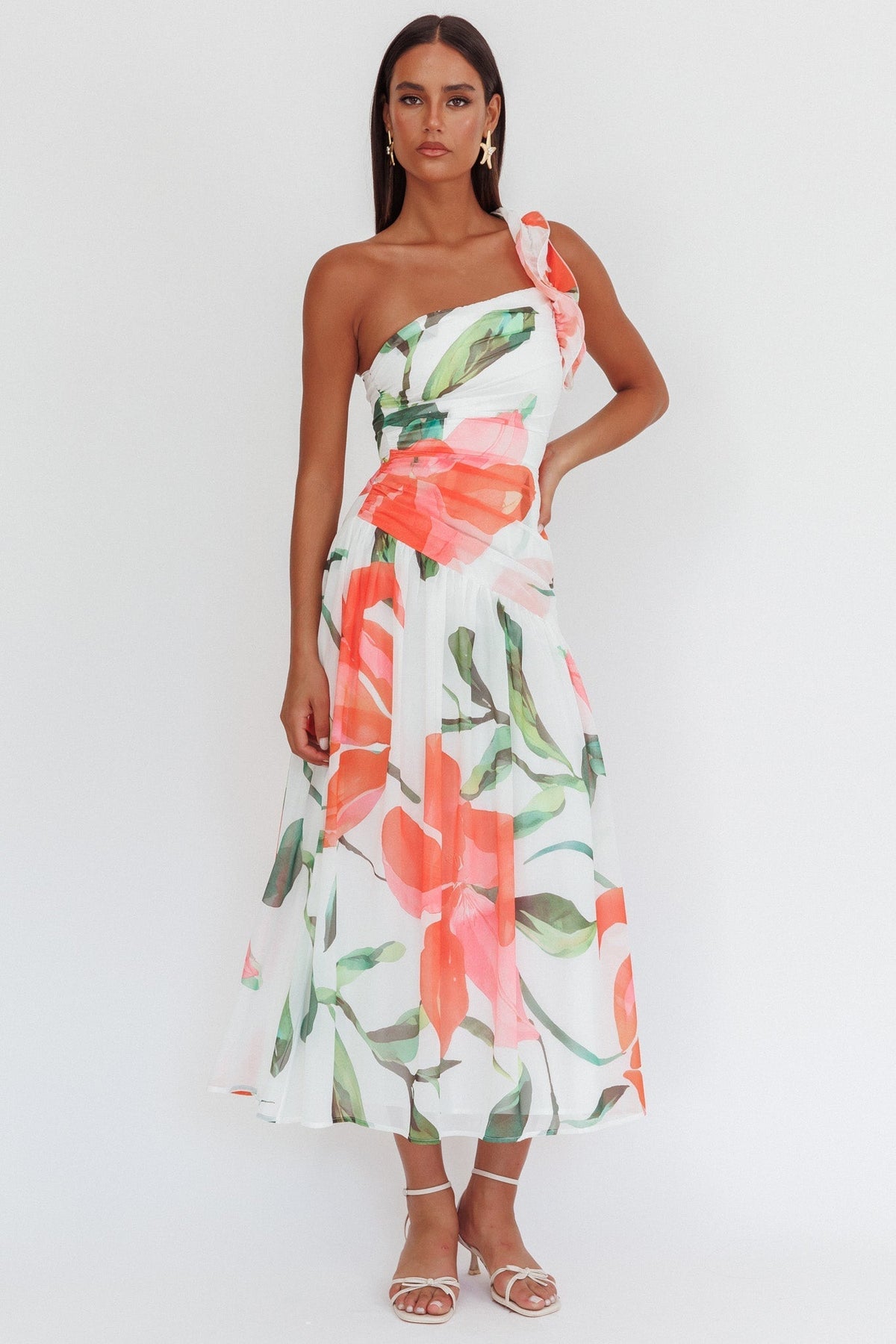 Kinley One-Shoulder Ruffle Maxi Dress Floral Red