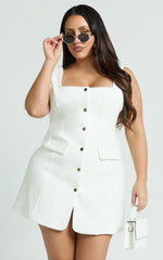Kenna Mini Dress - Square Neck Button Down Mini Dress in Ivory