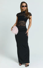 Ellen Maxi Dress - Lace Square Neck Contrast Skirt Dress in Black