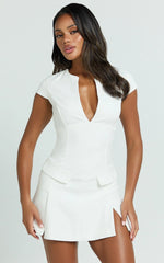 Darius Mini Dress - Cap Sleeve Slit Neck Fit And Flare Dress in White