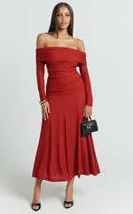 Perla Maxi Dress - Off The Shoulder Sleeve Drop Waist Dress in Red