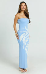 Rema Maxi Dress - Intarsia Floral Strapless Knitted Dress in Light Blue