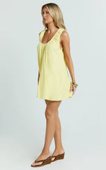Lucinda Mini Dress - Deep U Gathered Neck Smock Dress in Lemon
