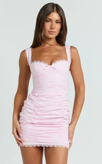 Becker Mini Dress - Strappy Bustier Ruched Bodycon Dress in Pink