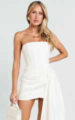 Jeanette Mini Dress - Strapless Corset Bodice Draped Waist Dress in White