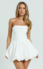 Jeannie Mini Dress - Corset Panel Bubble Hem Dress in Off White