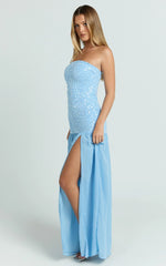 Georgina Maxi Dress - Sequin Strapless Front Split Dress in Blue