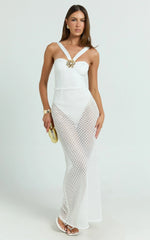 Adalia Maxi Dress - Strappy Hardware Rosette Trim Jersey Bodysuit Crochet Column Skirt Dress in Off White
