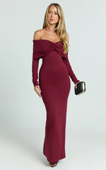 Rani Maxi Dress - Off Shoulder Long Sleeve Bodycon Dress in Wine