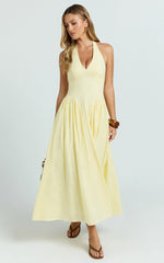 Athena Midi Dress - Halter Drop Waist Dress in Lemon