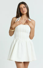 Hayes Mini Dress - Halter Neck Corset Bodice Dress in Cream Contrast Stitch