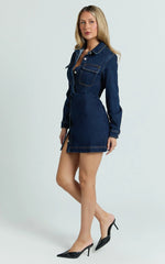 Ainsley Mini Dress - Button Through Long Sleeve Denim Dress in Dark Blue