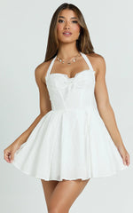 Jaclyn Mini Dress - Embroidered Sweetheart Halter Fit And Flare Full Skirt Dress in White