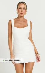 Kat Mini Dress - Linen Square Neck Dress in Off White