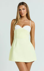 Anna Mini Dress - Contrast Neck Tulip Skirt Dress in Lemon and White