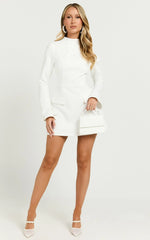 Carlson Mini Dress - High Neck Sleeve Cocoon Skirt Dress in White