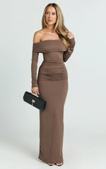 Emilie Maxi Dress - Off Shoulder Long Sleeve Ruched Jersey Dress in Dark Brown
