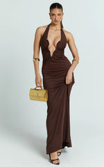 Denise Maxi Dress - Halter U Ruched Neck Cut Out Jersey Dress in Chocolate