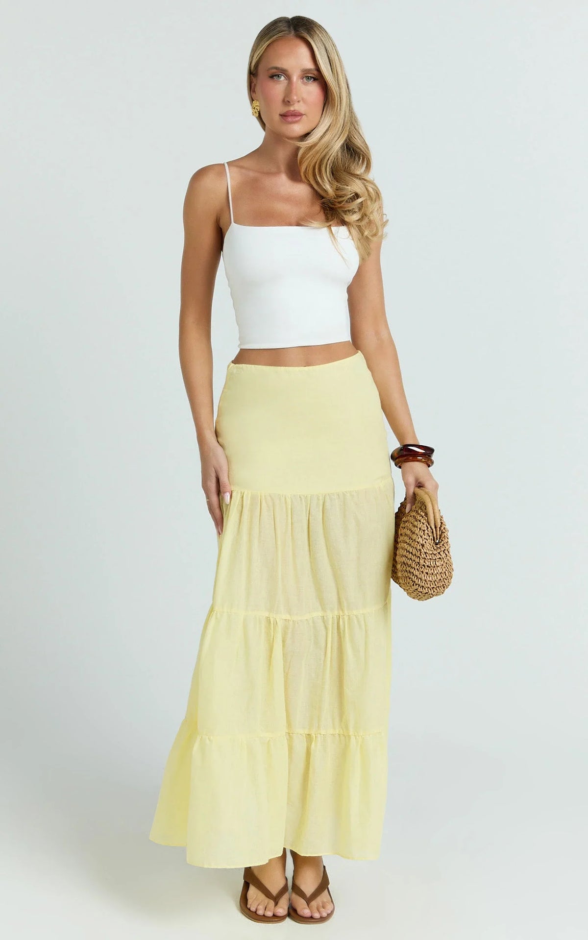 Rosalie Maxi Skirt - High Waist Tiered Maxi Skirt in Pastel Yellow