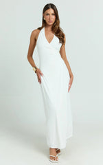 Roseville Maxi - Wrap Front Halter Dress with Hardware Detail in White