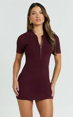Gabriel Mini Dress - Short Sleeve Polo Knit Mini Dress in Cherry Liqueur