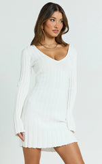 Carissa Mini Dress - V Neck Long Sleeve Knit Dress in White