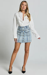 Gennlee Mini Skirt - Cotton Contrast Denim Skirt in Light Wash Blue