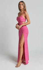 Reviena Maxi Dress - Cut Out Cowl Neck Dress in Hot Pink