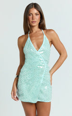Jacintha Mini Dress - Sequin Halter Wrap Dress in Teal