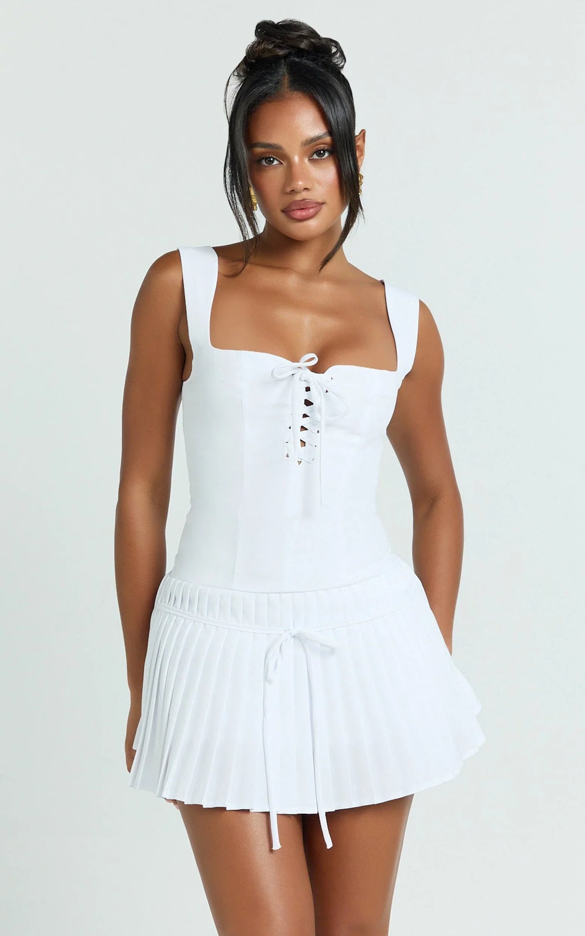 Fraida Mini Dress - Lace Front Dropped Waist Pleated Dress in White