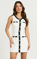 River Mini Dress - Boucle Button Through A Line Dress with Hardware Detail in White