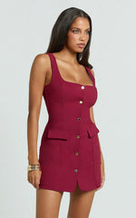 Kenna Mini Dress - Square Neck Button Down Mini Dress in Wine