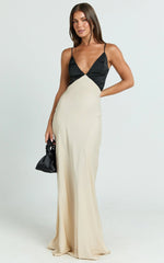 Quincy Maxi Dress - Satin Slip Dress in Black/Champagne