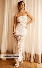 Heather Maxi Dress - Square Neck Strappy Fitted Crochet Column Dress in White