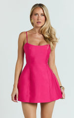 Carolina Mini Dress - Scoop Neck Panel Bodice Dress in Fuchsia