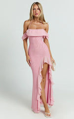 Mirabella Maxi Dress - Off Shoulder Asymmetrical Ruffle Split Dress in Blush