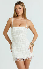 Aria Mini Dress - Beaded Pearl Fringe A Line Dress in Ivory