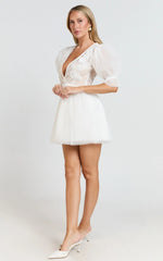 Akshia Mini Dress - Puff Sleeve Floral Detail Plunge Neck Dress in White