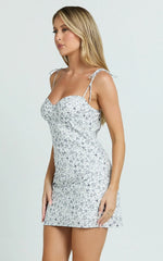 Larson Mini Dress - Tie Strap Ruched Bust Dress in White/Blue