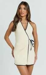 Connie Mini Dress - Linen Halter Neck Wrap Dress in Ecru