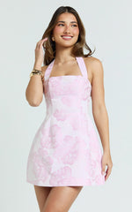Gabbie Mini Dress - Jacquard Halter Fit And Flare Dress in Pink