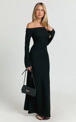 Ayla Maxi Dress - Off Shoulder Flared Sleeve Bodycon Dress in Black