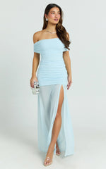 Leticia Maxi Dress - Mesh Off Shoulder Ruched High Split Dress in Blue