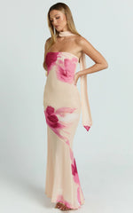 Angie Maxi Dress - Strapless Bias Column Dress with Scarf in Electric Bloom Lemon