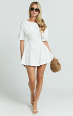 Dylan Mini Dress - High Boatneck Sleeved Fit And Flare Skirt Dress in White