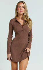Lara Mini Dress - Long Sleeve Collared Placket Knit Dress in Brown
