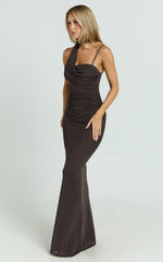 Larson Maxi Dress - Asymmetric Tie Neck Column Dress in Chocolate