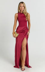 Pepper Maxi Dress - High Neck Bodysuit with Draped Skirt in Cherry