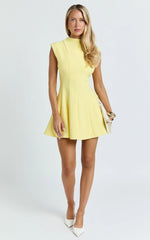 Becky Mini Dress - High Neck Sleeveless Fit And Flare Dress in Lemon