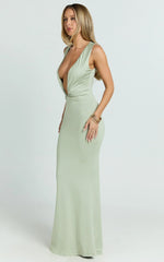 Alexa Maxi Dress - Plunge Cowl Neck Ruched Jersey Dress in Sage